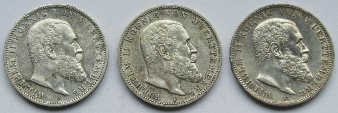  Kaiserreich: Württemberg, 3 Mark Wilhelm II. (Jaeger 175), 3 Stück (1909 + 1910 + 1912)   