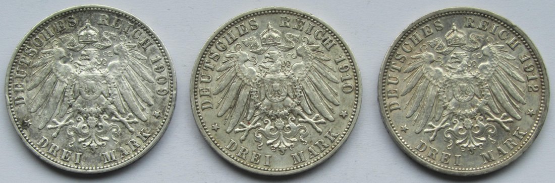  Kaiserreich: Württemberg, 3 Mark Wilhelm II. (Jaeger 175), 3 Stück (1909 + 1910 + 1912)   