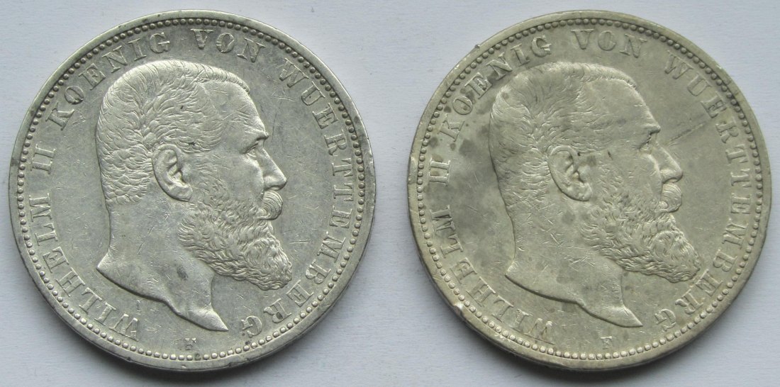  Kaiserreich: Württemberg, 5 Mark Wilhelm II. (Jaeger 176), 2 Stück (1900 + 1903)   