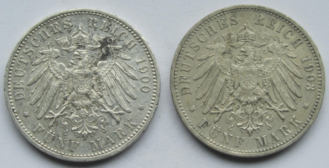 Kaiserreich: Württemberg, 5 Mark Wilhelm II. (Jaeger 176), 2 Stück (1900 + 1903)   