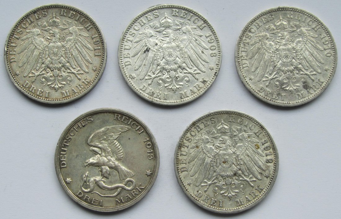  Kaiserreich: Fünf verschiedene 3 Mark   
