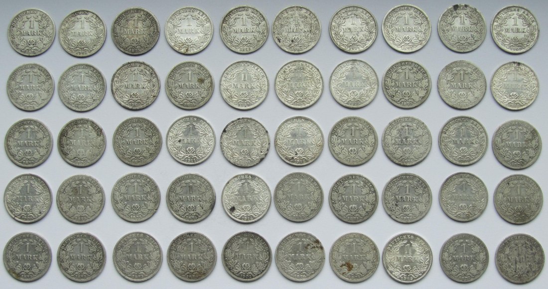  Kaiserreich: 50 x 1 Mark, zusammen 250 g Feinsilber   