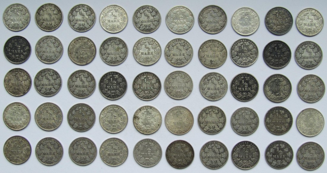 Kaiserreich: 50 x 1/2 Mark, zusammen 125 g Feinsilber   