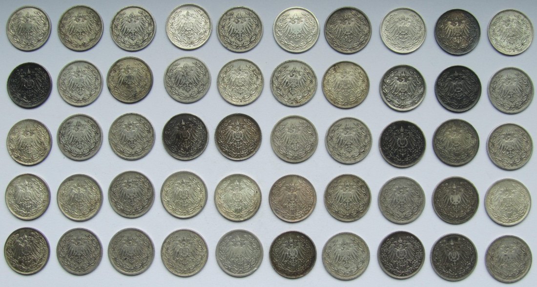 Kaiserreich: 50 x 1/2 Mark, zusammen 125 g Feinsilber   