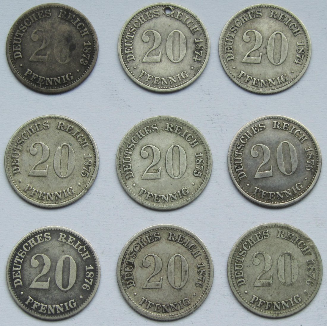  Kaiserreich: Neun verschiedene Jahrgänge 20 Pfennig   