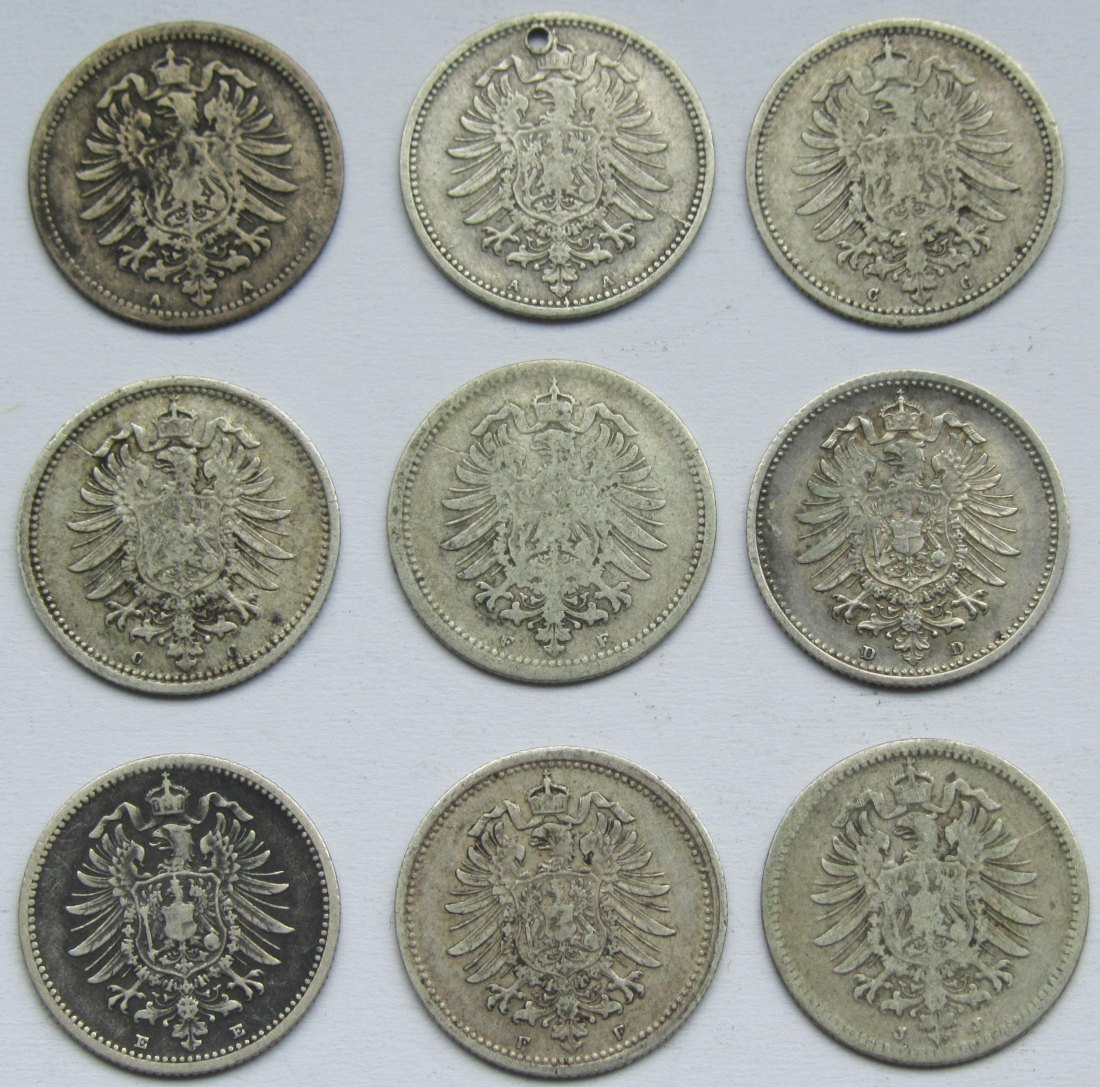 Kaiserreich: Neun verschiedene Jahrgänge 20 Pfennig   