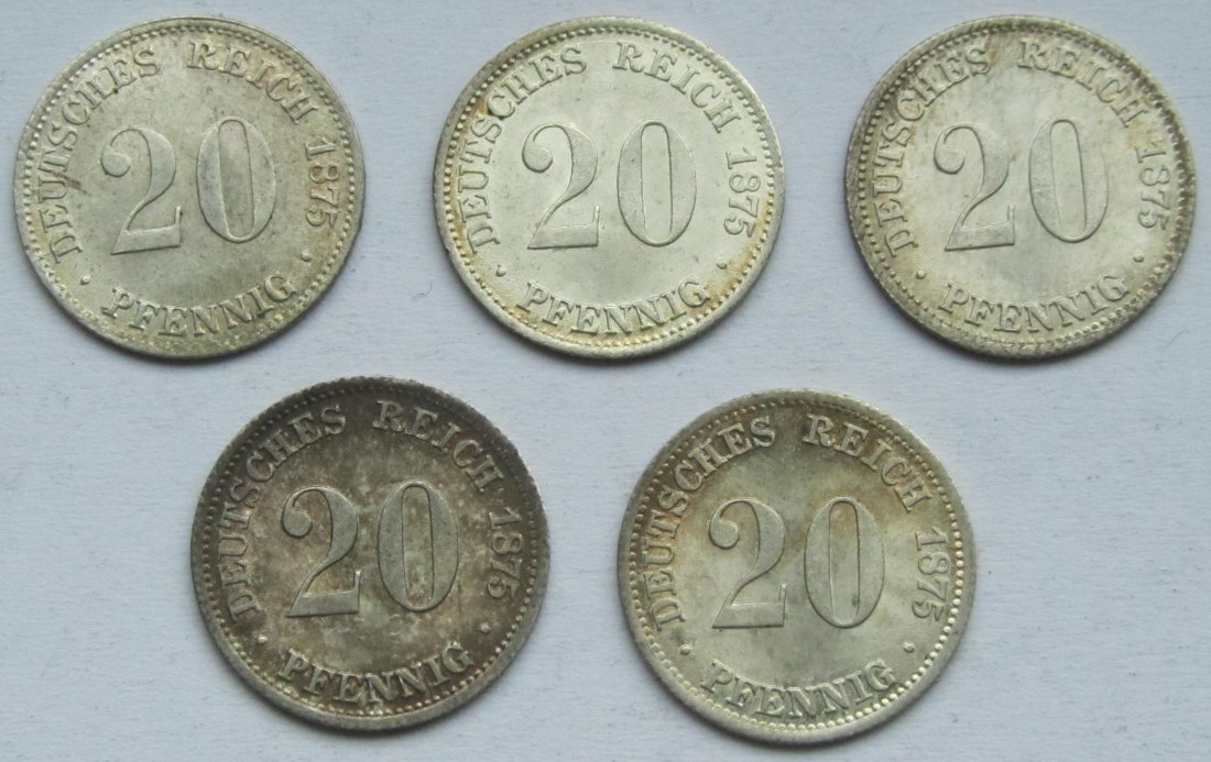  Kaiserreich: 5 x 20 Pfennig 1875 C, alle prägefrisch   