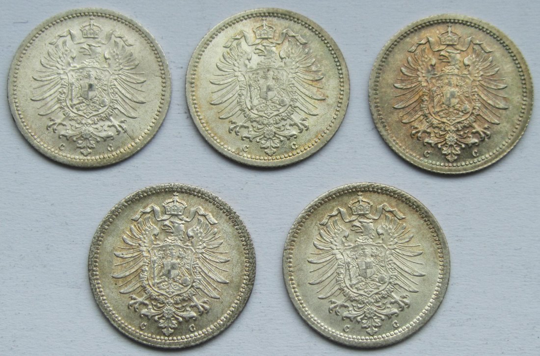  Kaiserreich: 5 x 20 Pfennig 1875 C, alle prägefrisch   
