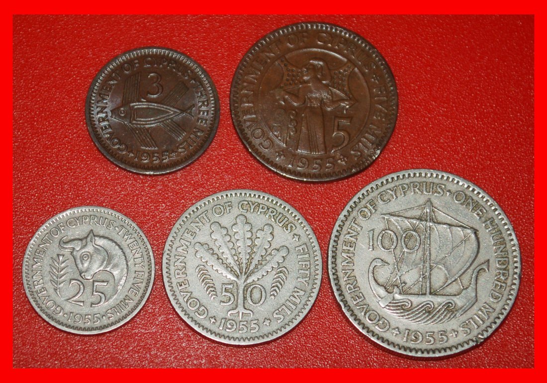 Ⰶ GREAT BRITAIN: CYPRUS★3-5-25-50-100 MILS 1955 SET! ELIZABETH II 1953-2022★LOW START ★ NO RESERVE!