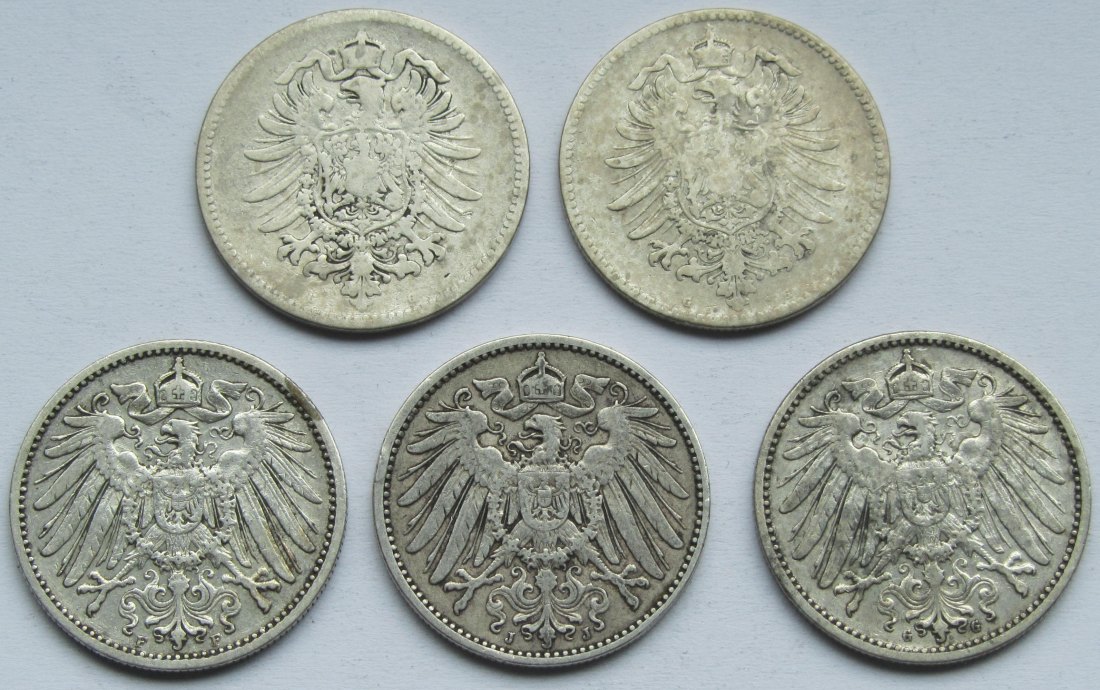  Kaiserreich: Fünf verschiedene seltene Jahrgänge 1 Mark   