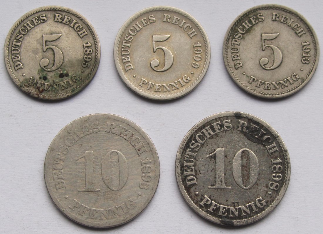  Kaiserreich: Fünf verschiedene seltene Jahrgänge 5 und 10 Pfennig   