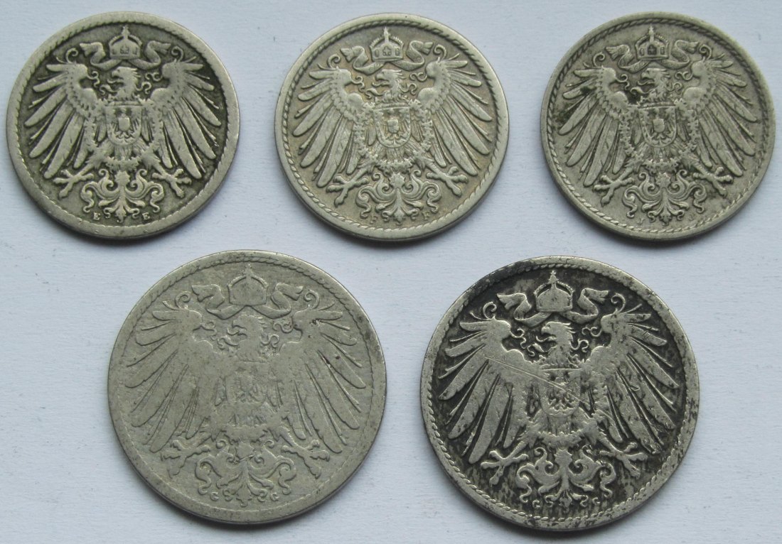  Kaiserreich: Fünf verschiedene seltene Jahrgänge 5 und 10 Pfennig   