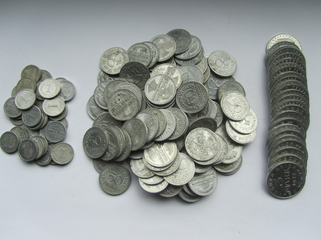  Kaiserreich: 30 x 1 Pfennig Alu + 100 x 50 Pfennig Alu + 25 x 3 Mark Alu (Jaeger 303)   