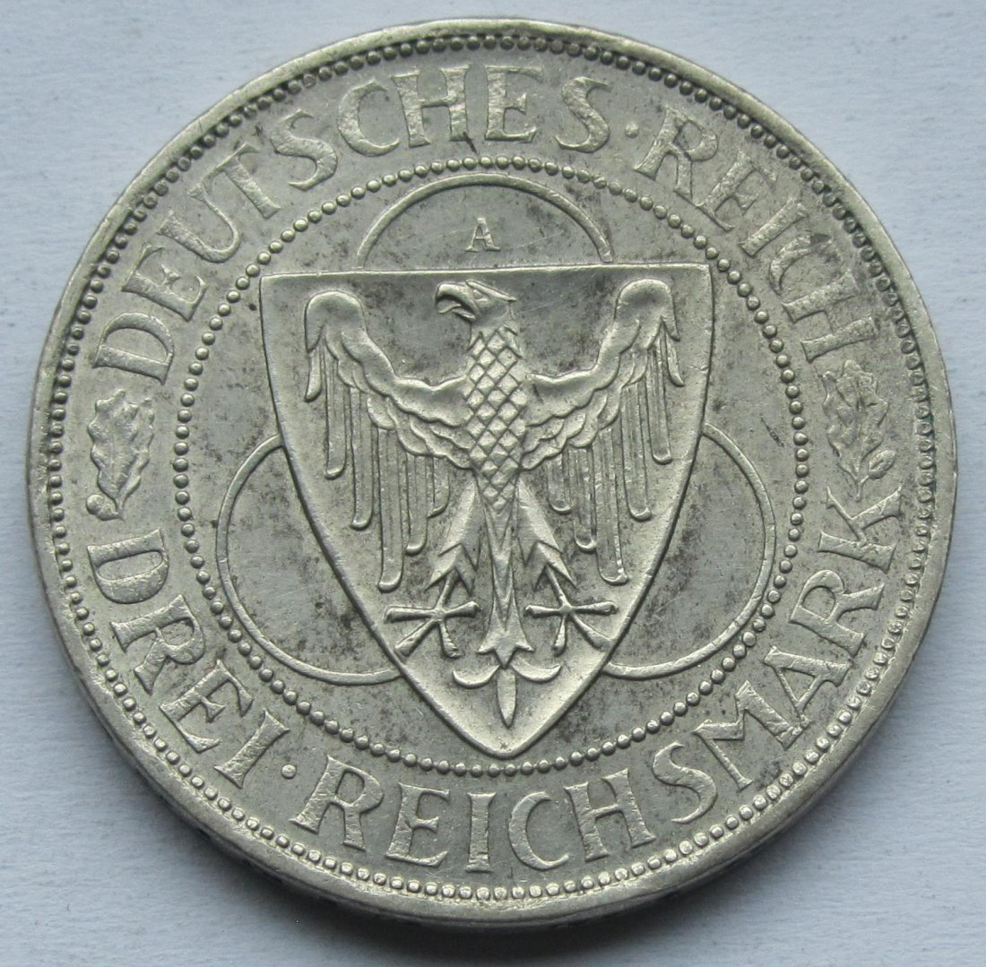  Weimarer Republik: 3 Mark Rheinlandräumung (Jaeger 345), 1930 A   