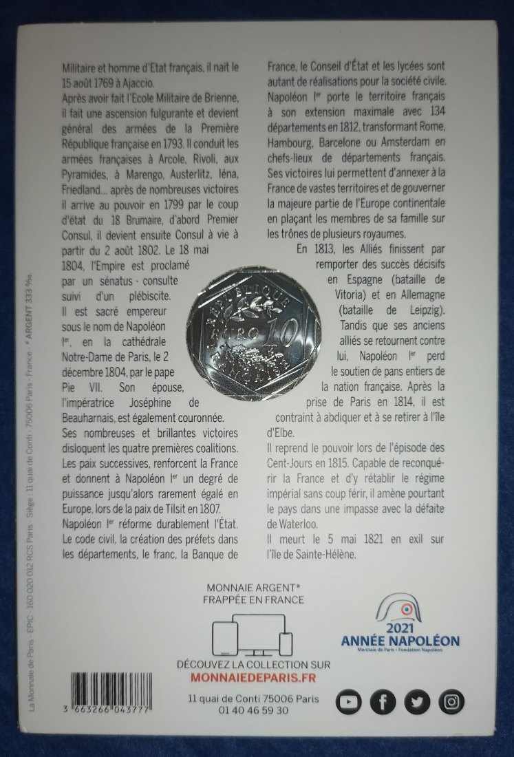  Frankreich 10 Euro 2021 - 200. Todestag Napoleon I.   