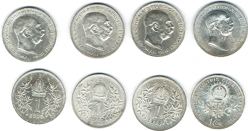  SZAIVERT KAISERREICH ÖSTERREICH FRANZ JOSEPH 1 KRONE 1908 JUBILÄUM 1915   
