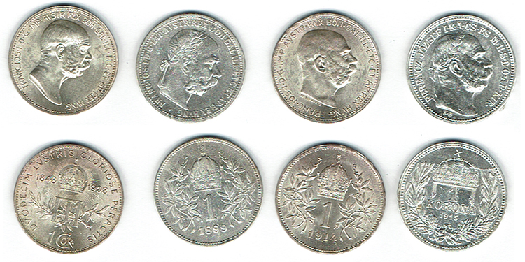  SZAIVERT KAISERREICH ÖSTERREICH FRANZ JOSEPH 1 KRONE 1899 1908 JUBILÄUM 1914 1 KORONA 1915 KB   