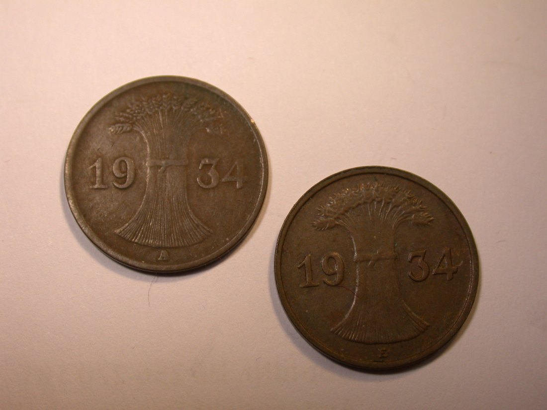 J25 Weimar 2 Reichspfennig 1934 A und E 2 Münzen in ss oder besser Originalbilder