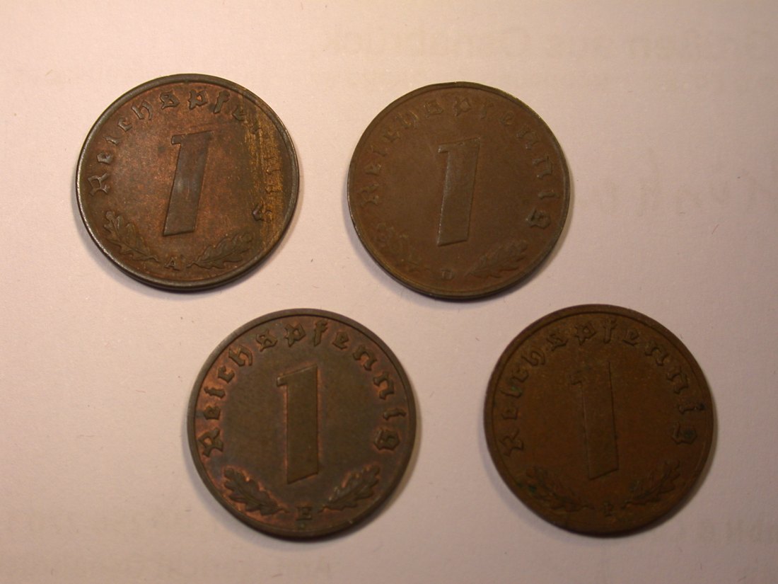 J25 3.Reich 1 Reichspfennig 1937 A,D,E und F 4 Münzen in ss oder besser Originalbilder