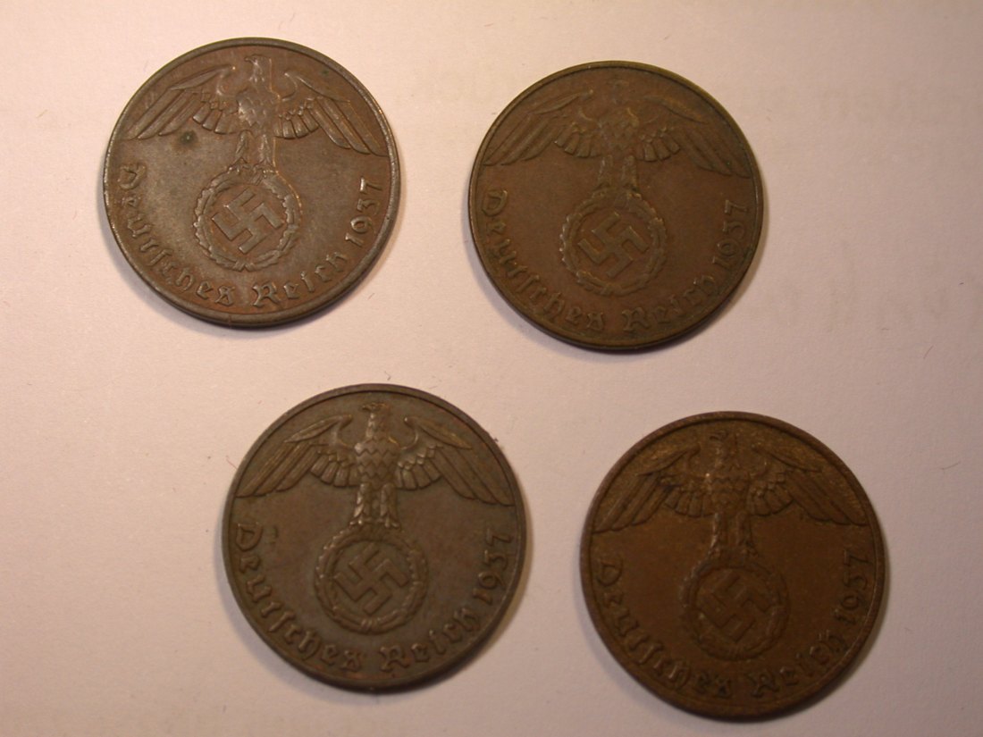 J25  3.Reich  1 Reichspfennig 1937 A,D,E und F  4 Münzen in ss oder besser Originalbilder   
