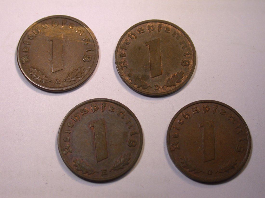 J25 3.Reich 1 Reichspfennig 1939 A,D,E und G 4 Münzen in ss oder besser Originalbilder
