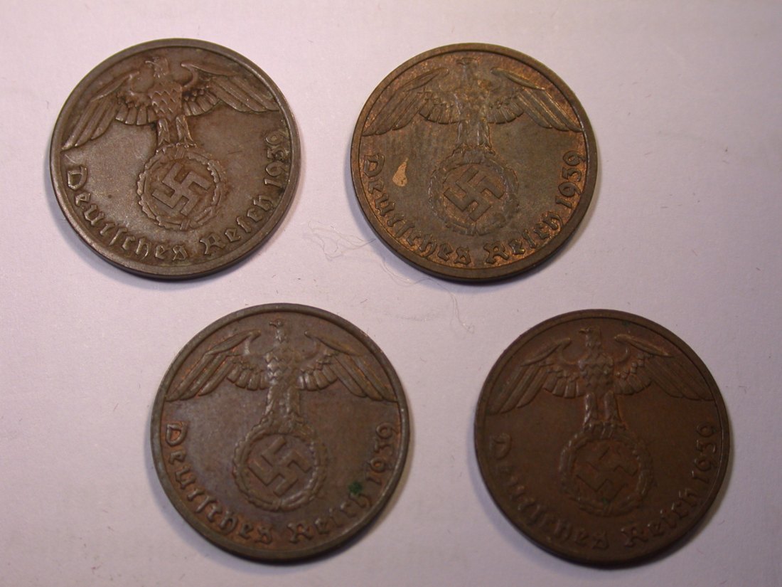  J25  3.Reich  1 Reichspfennig 1939 A,D,E und G  4 Münzen in ss oder besser Originalbilder   
