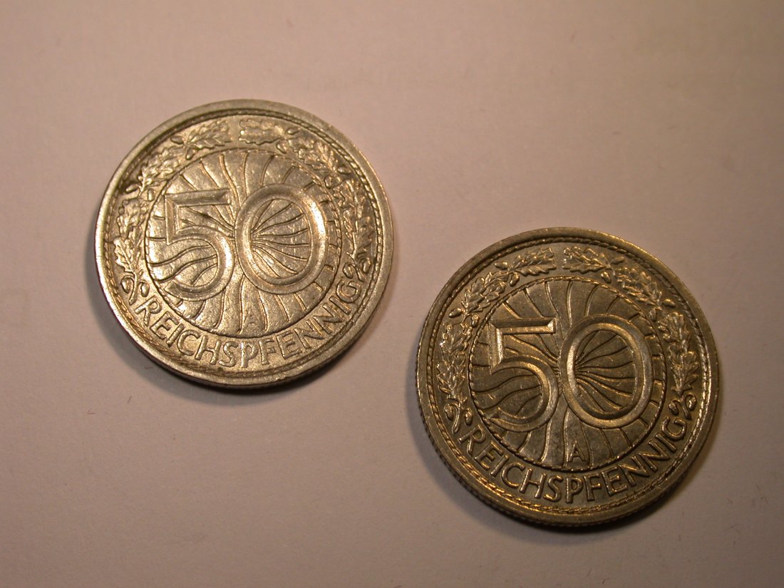 J25 3.Reich 50 Pfennig 1936 A und 1937 A in f.vz Originalbilder