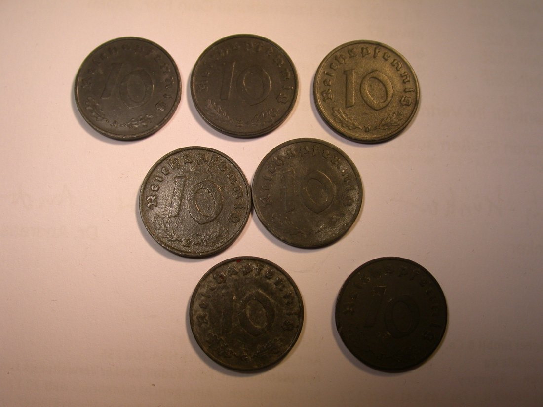 J25 3.Reich 10 Pfennig 1940 A,B,D,E,F,G und J 7 Münzen in ss oder besser Originalbilder