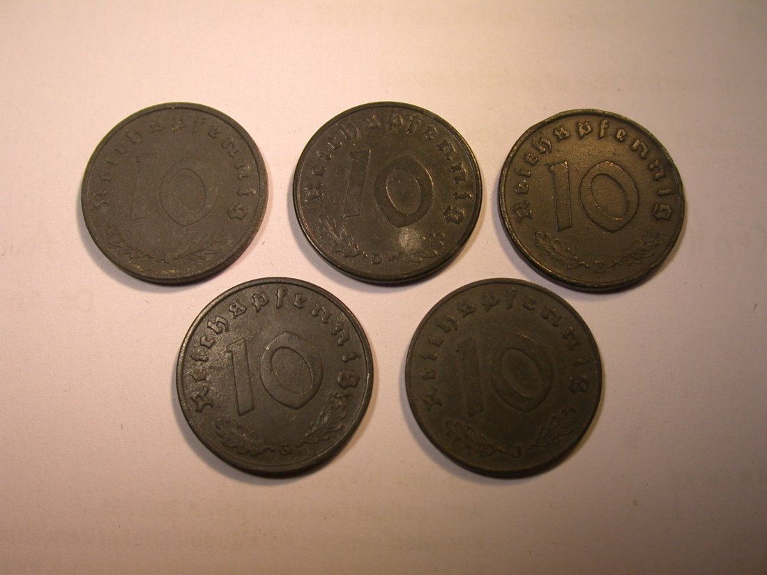 J25 3.Reich 10 Pfennig 1941 A,D,E,G und J 5 Münzen in ss oder besser Originalbilder