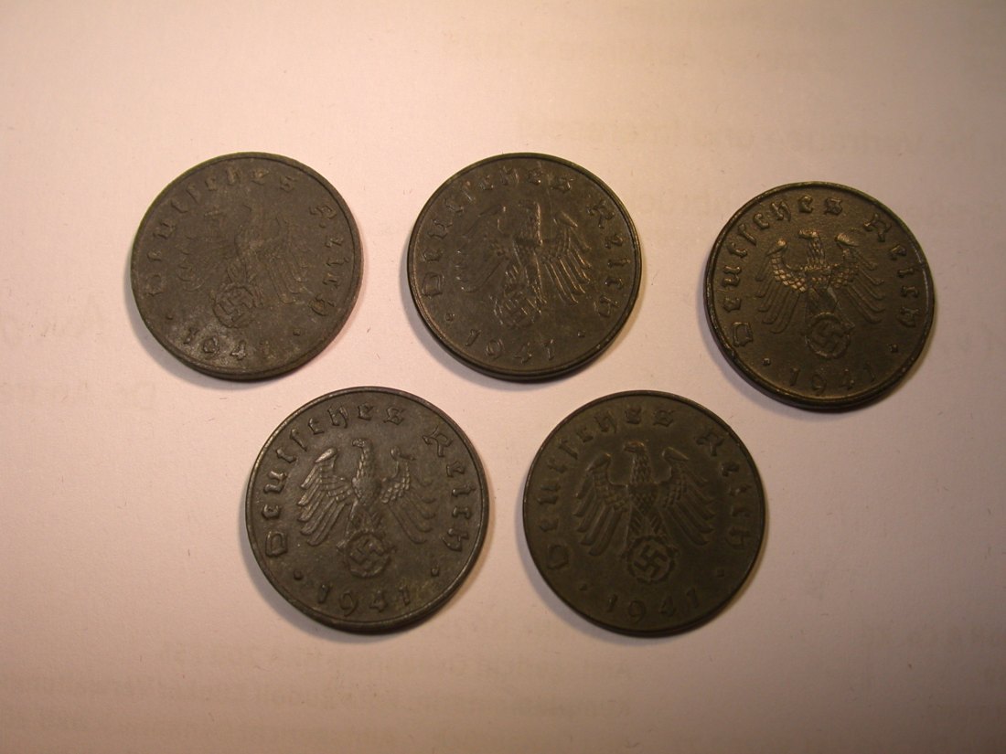  J25  3.Reich  10 Pfennig 1941 A,D,E,G und J  5 Münzen in ss oder besser  Originalbilder   