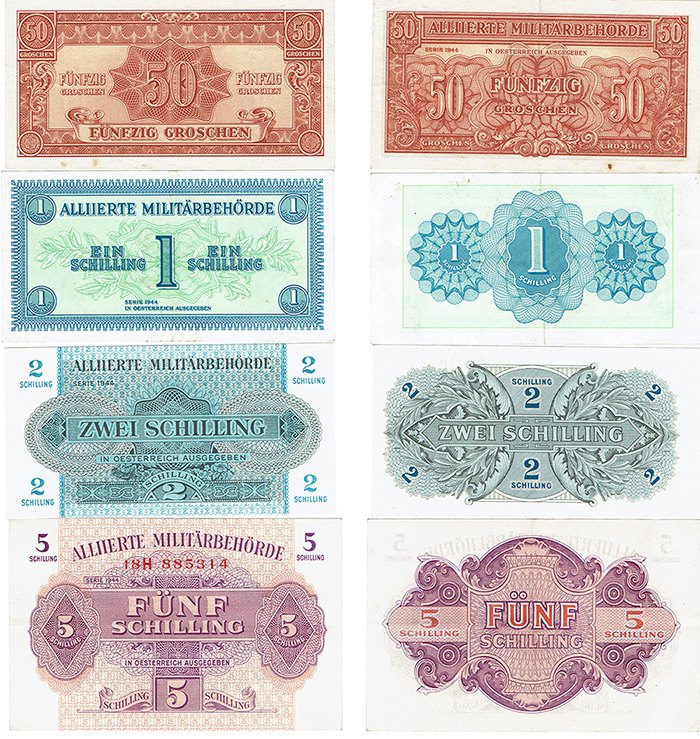  SZAIVERT ÖSTERREICH BANKNOTEN ALLIIERTE MILITÄRBEHÖRDE 2. WELTKRIEG 50 GROSCHEN 1 2 5 SCHILLING   