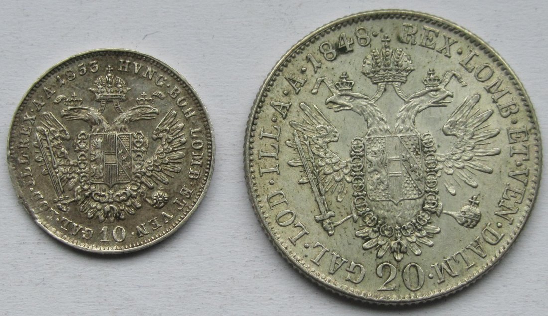  Österreich: 10 Kreuzer 1853 + 20 Kreuzer 1848   