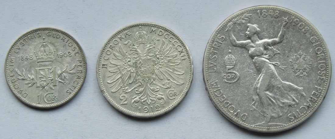  Österreich: 1 + 2 + 5 Kronen, zusammen 34,1 g Feinsilber   