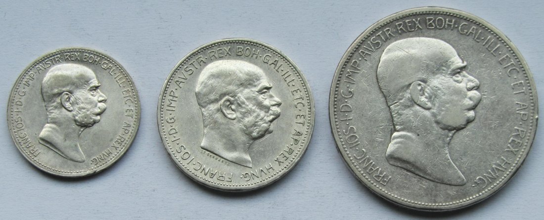  Österreich: 1 + 2 + 5 Kronen, zusammen 34,1 g Feinsilber   