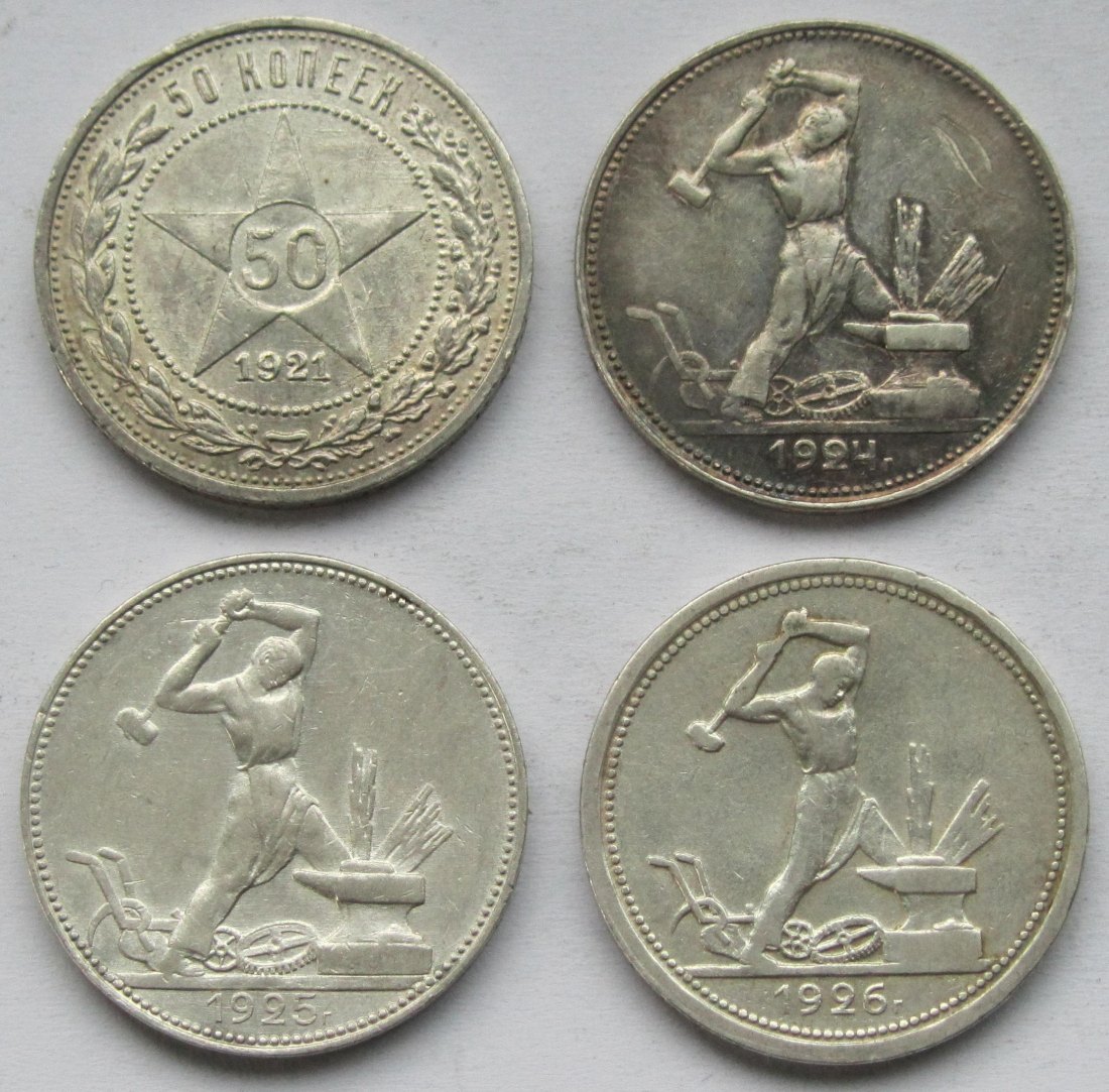  Sowjetunion/Russland: 4 x 50 Kopeken (1921 + 1924 + 1925 + 1926)   