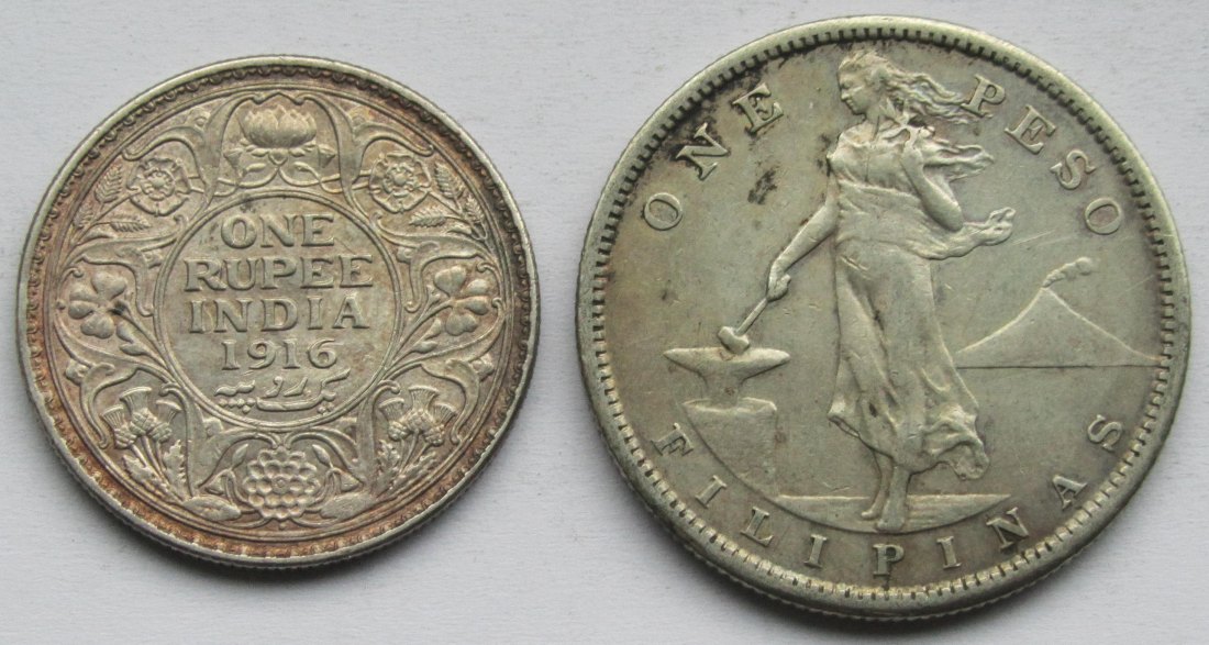  Indien/Philippinen: 1 Rupie 1916 + 1 Peso 1907   
