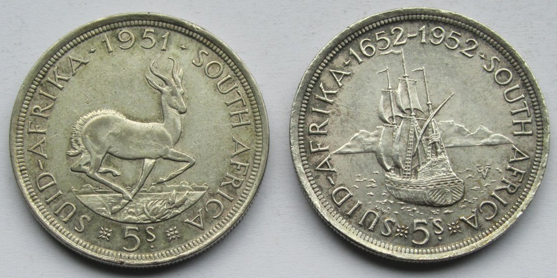  Südafrika: 2 x 5 Shillings 1951 + 1952, zusammen 28,3 g Feinsilber   