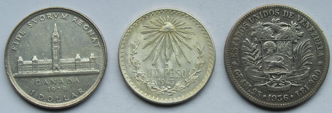  Kanada/Mexiko/Venezuela: Lot aus drei Silbermünzen, zusammen 53,1 g Feinsilber   