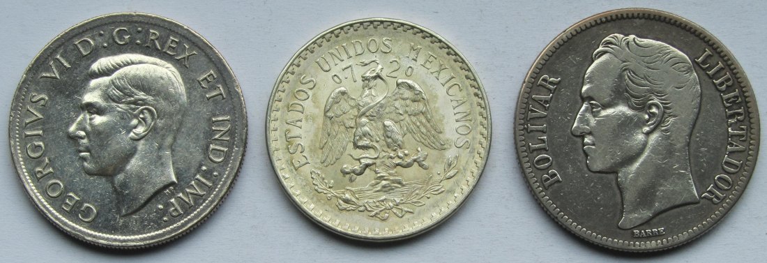  Kanada/Mexiko/Venezuela: Lot aus drei Silbermünzen, zusammen 53,1 g Feinsilber   
