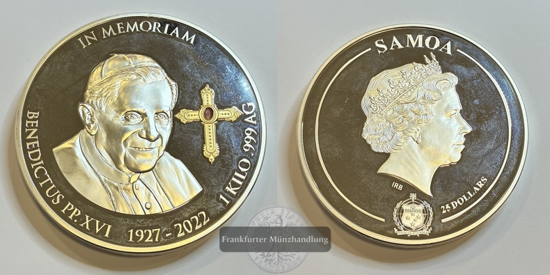  Samoa 25 Dollar In Memoriam Papst Benedictus 1927-2022 FM-Frankfurt Feinsilber: 1kg   