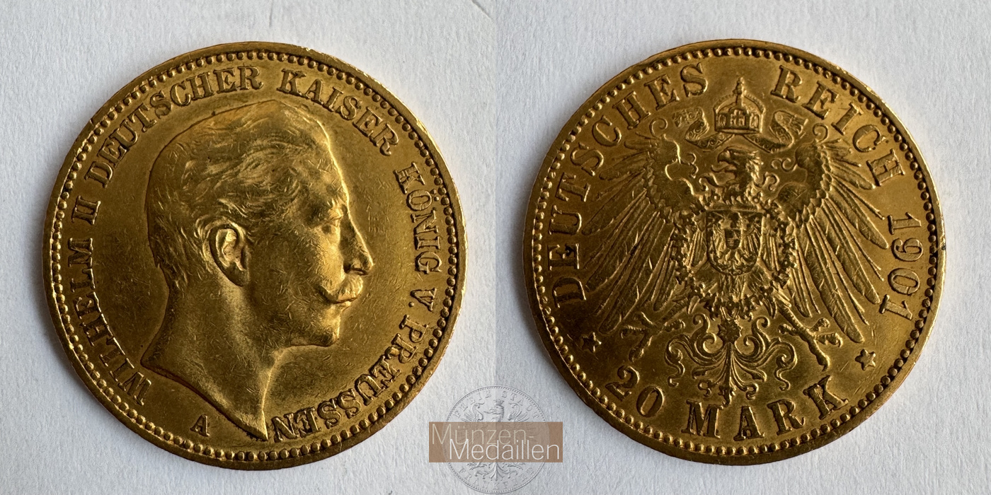 Dt. Kaiserreich Preussen, Wilhelm II. MM-Frankfurt Feingold: 7,17g 20 Mark 1901 A 
