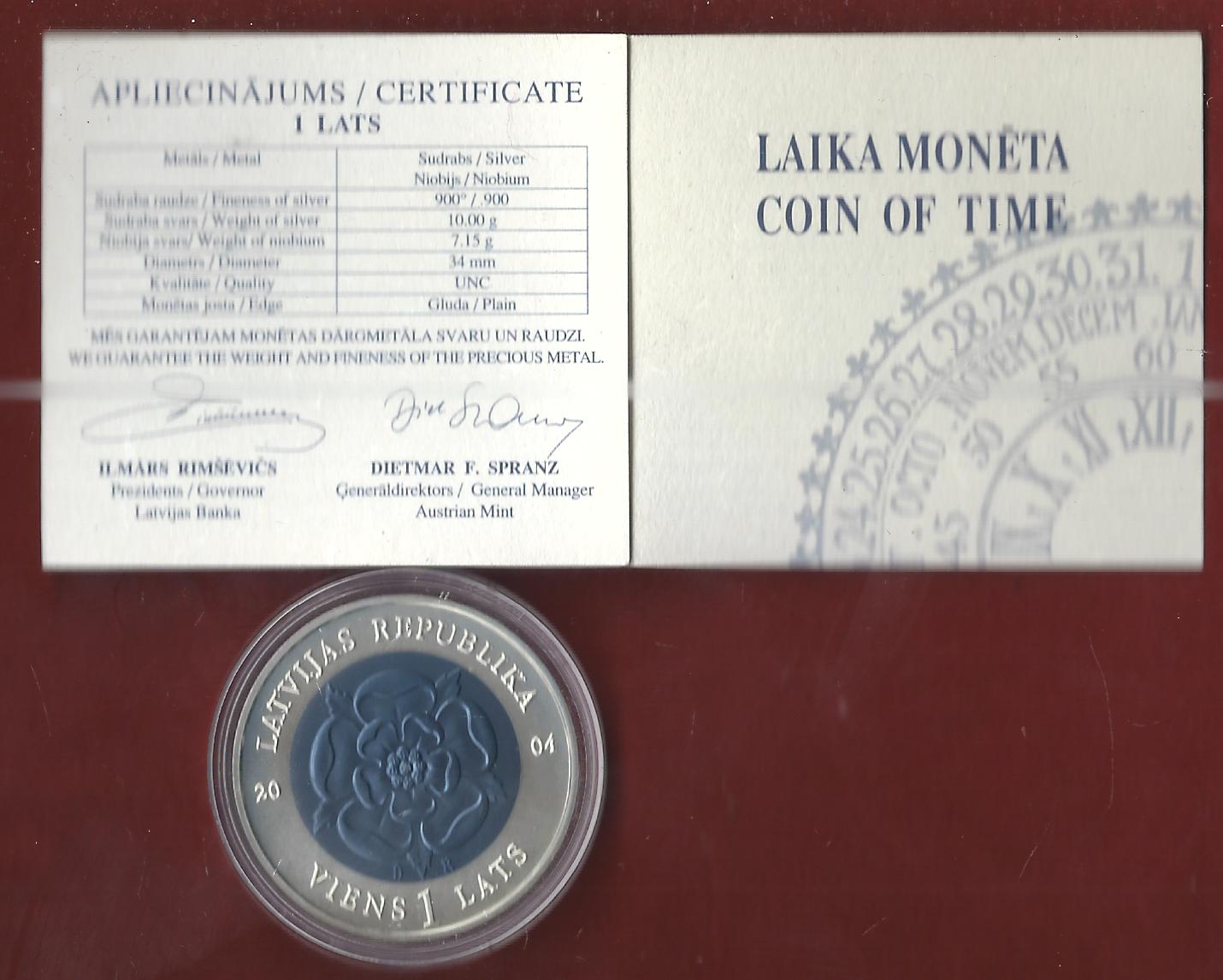  1 Lats 2004 Lettland Gedenkmünze Coin of Time  Bimetall Niob Münzankauf Koblenz Frank Maurer AK 222   
