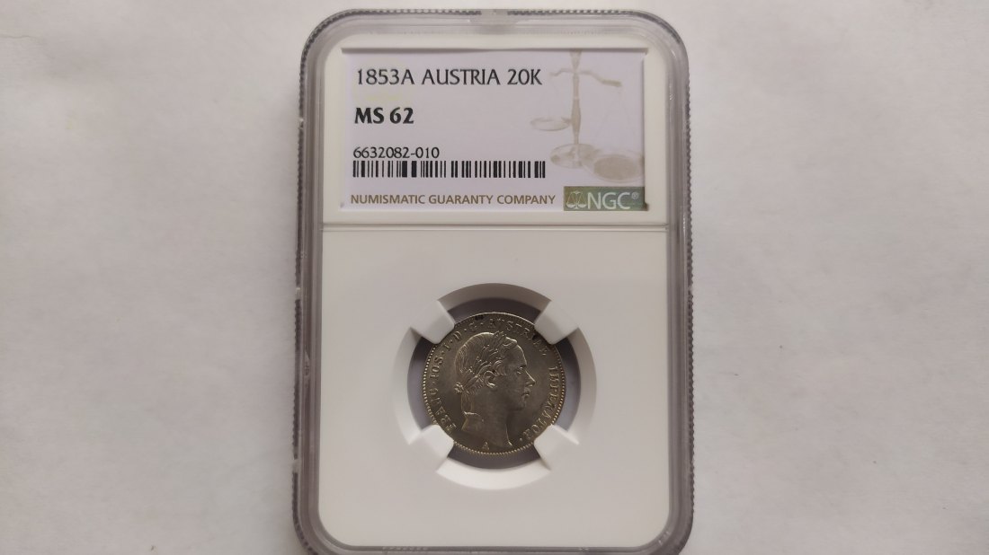Austria.20 Kreuzer 1853 A.Silver.NGC MS 62