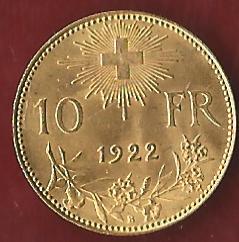  Schweiz 10 Franken 1922 B prägefrisch Münzankauf Koblenz Frank Maurer AK 233   