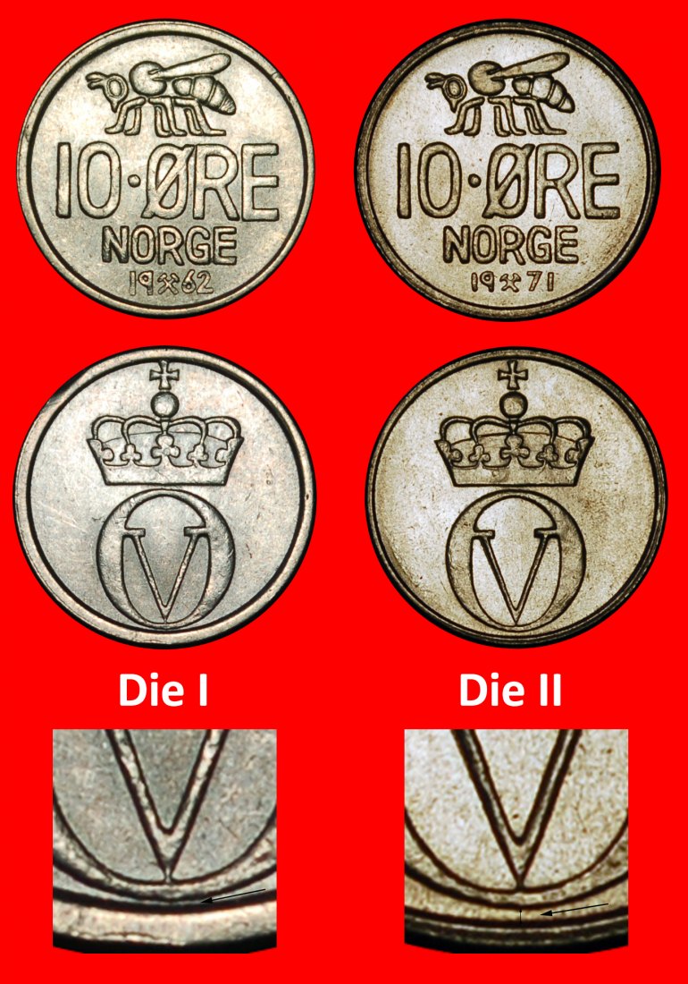 Ⰶ HONIGBIENE (1958-1973):NORWEGEN★10 OERE 1962, 1971 2 ENTDECKUNG! OLAV V. 1957-1991★OHNE VORBEHALT!