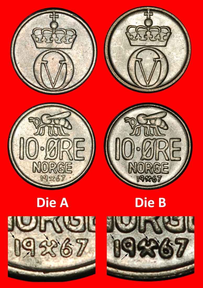 Ⰶ HONIGBIENE (1958-1973):NORWEGEN★10 OERE 1967 2 ENTDECKUNG! OLAV V. 1957-1991★OHNE VORBEHALT!