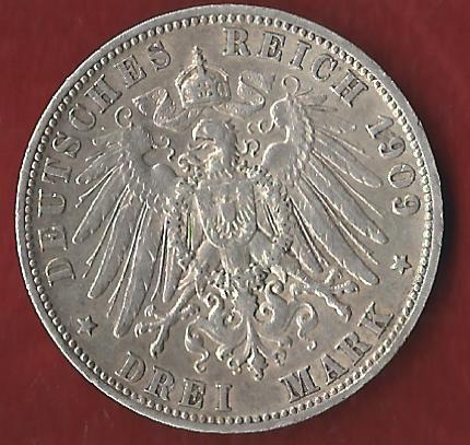  Kaiserreich 3  Mark Wuerttemberg 1909 Münzankauf Koblenz Frank Maurer AK 236   