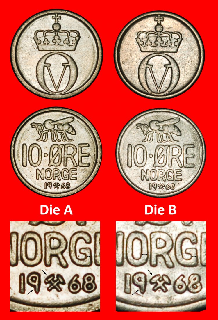 Ⰶ HONIGBIENE (1958-1973):NORWEGEN★10 OERE 1968 2 ENTDECKUNG! OLAV V. 1957-1991★OHNE VORBEHALT!
