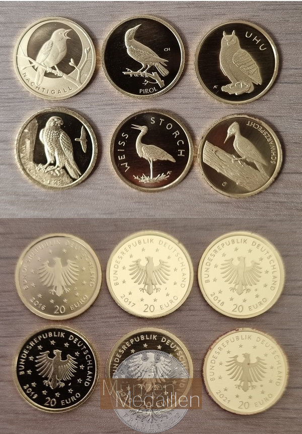 BRD 6 x 20 Euro MM-Frankfurt Feingold: 23,32g Heimische Vögel 2016-2021