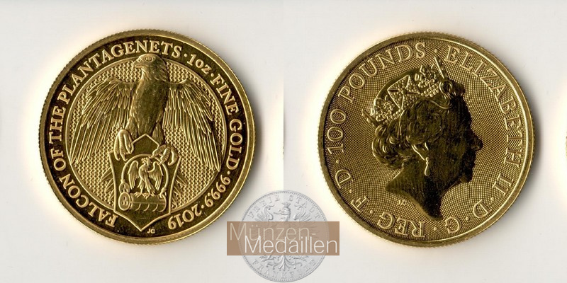 Grossbritannien, Elisabeth II. 1952-2022 MM-Frankfurt Feingold: 31,1g 100 Pounds Queen's Beasts 2019 Falcon 